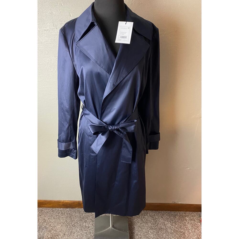 THEORY SILK TRENCH Coat Midnight Blue Sz Large NWT Elegant Designer Classic Fit - Picture 6 of 12